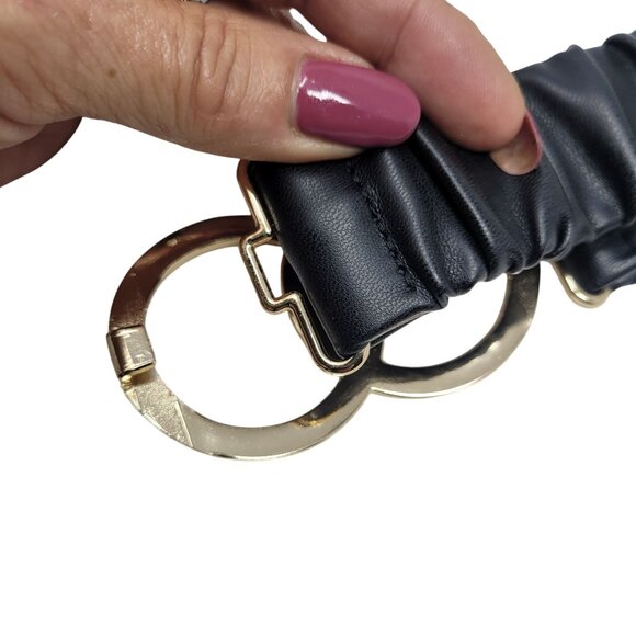 Womens Ruched Gathered Vegan Faux Leather Stretch Belt Sz XL Black Gold Buckle - Picture 5 of 8